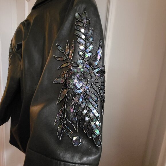 VTG S. Ajita Genuine Leather Oversized Jacket - Medium - Sequined Sleeves - Picture 3 of 12